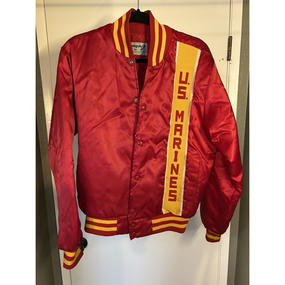 Vintage Swingster Jacket Mens Medium Red Satin Bomber Snap U.S. Marines Made USA
